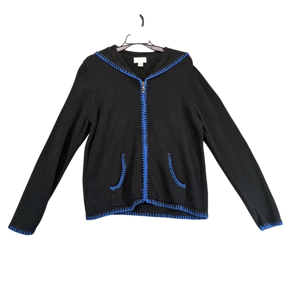 Christopher & Banks Black Knit Jacket Womens L Embroidered Hooded Boho‎ Coastal